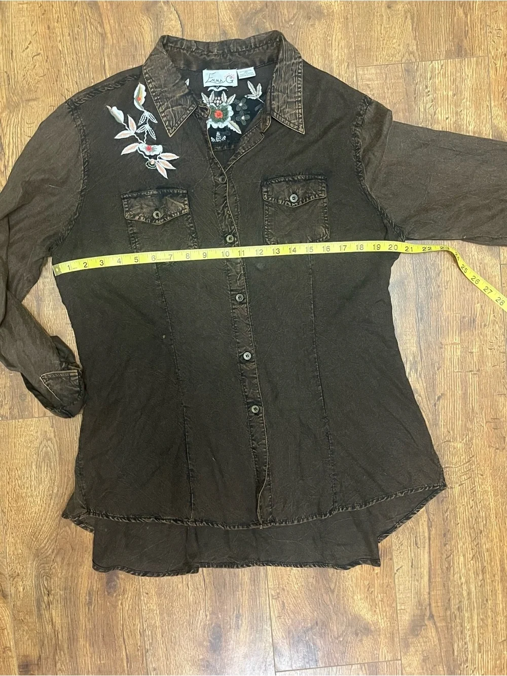 Emma G brown, long-sleeve embroidered button-down utility tunic shirt